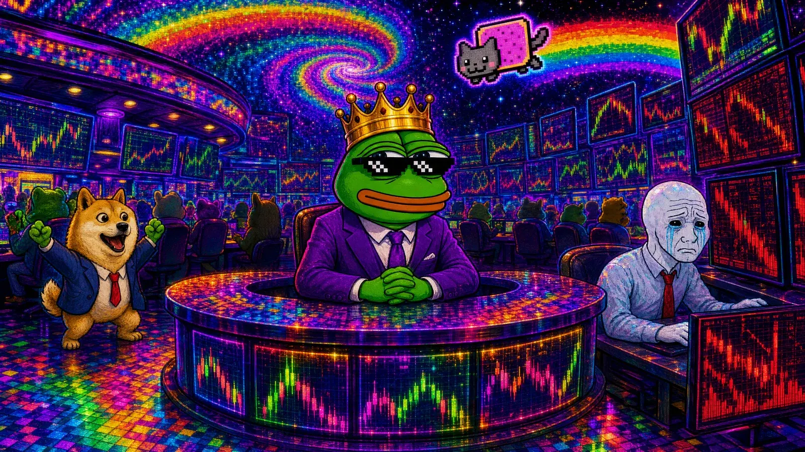 Pepe the Chairman at the anchor desk with Doge, Wojak and Nyan Cat on the trading floor