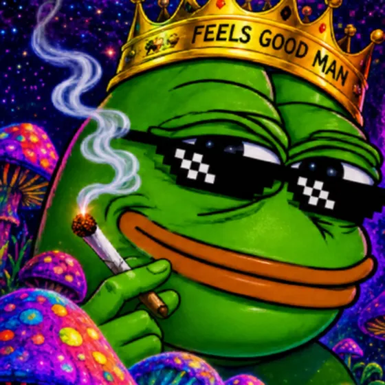 Pepe the Chairman, crowned, in sunglasses with a cigarette